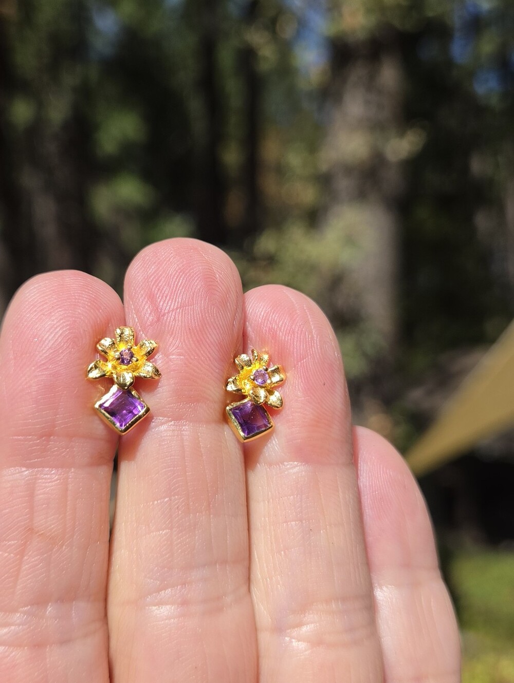 Gold Amethyst Floral Drop Earrings - Picture 3 of 7
